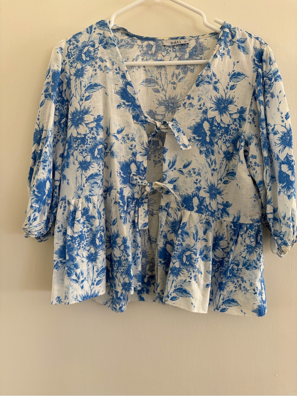 Blue and White Floral Tie-Front Peplum Blouse